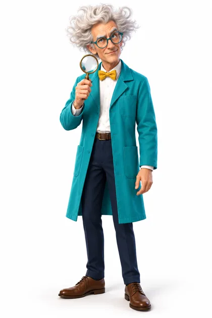 Illustration of Professor Proof, a grey-haired professor in a teal coat holding a magnifying glass
